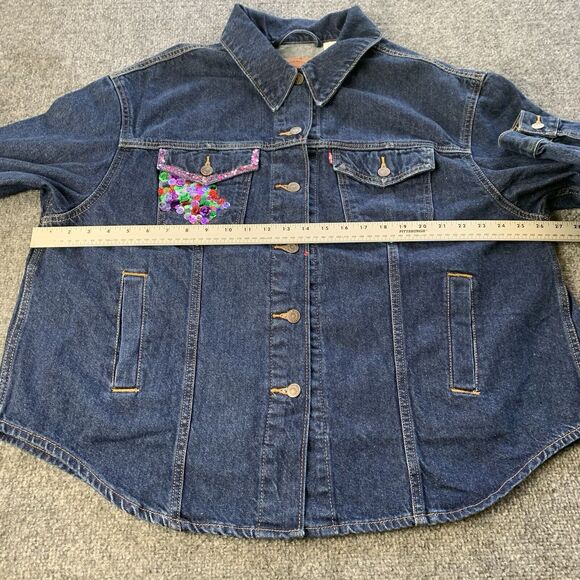 Levi’s Denim Jacket Women’s 1X Trucker Biker Blue Dark Wash Decorated Pocket - Picture 10 of 16